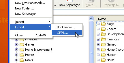 Screenshot of menu item added by OPML Support Firefox extension