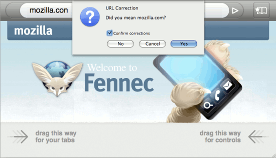 Screenshot of URL Fixer being used in Fennec, the mobile Firefox browser