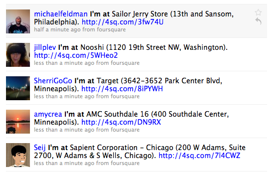Foursquare checkins on Twitter