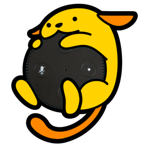 Wapuu hugging an Amazon Echo Dot