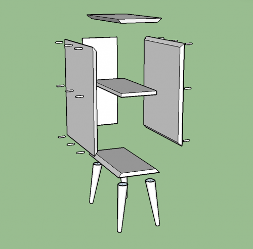 Exploded SketchUp Model of the cabinet of a Midcentury Modern Side Table with two drawers and a shelf