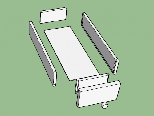 Exploded SketchUp Model of a drawer from a Midcentury Modern Side Table with two drawers and a shelf